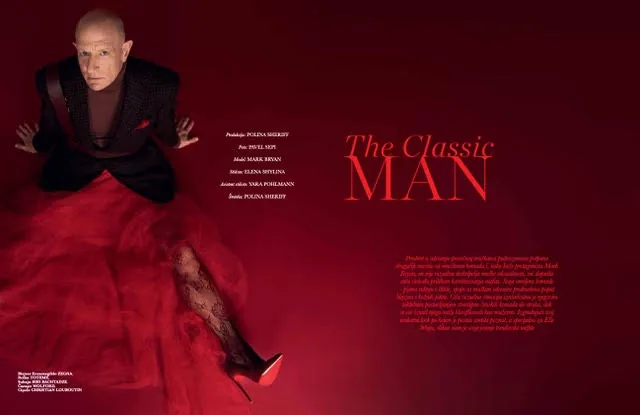 Magazine spread titled The Classic Man with the red-skirted figure on a deep red page